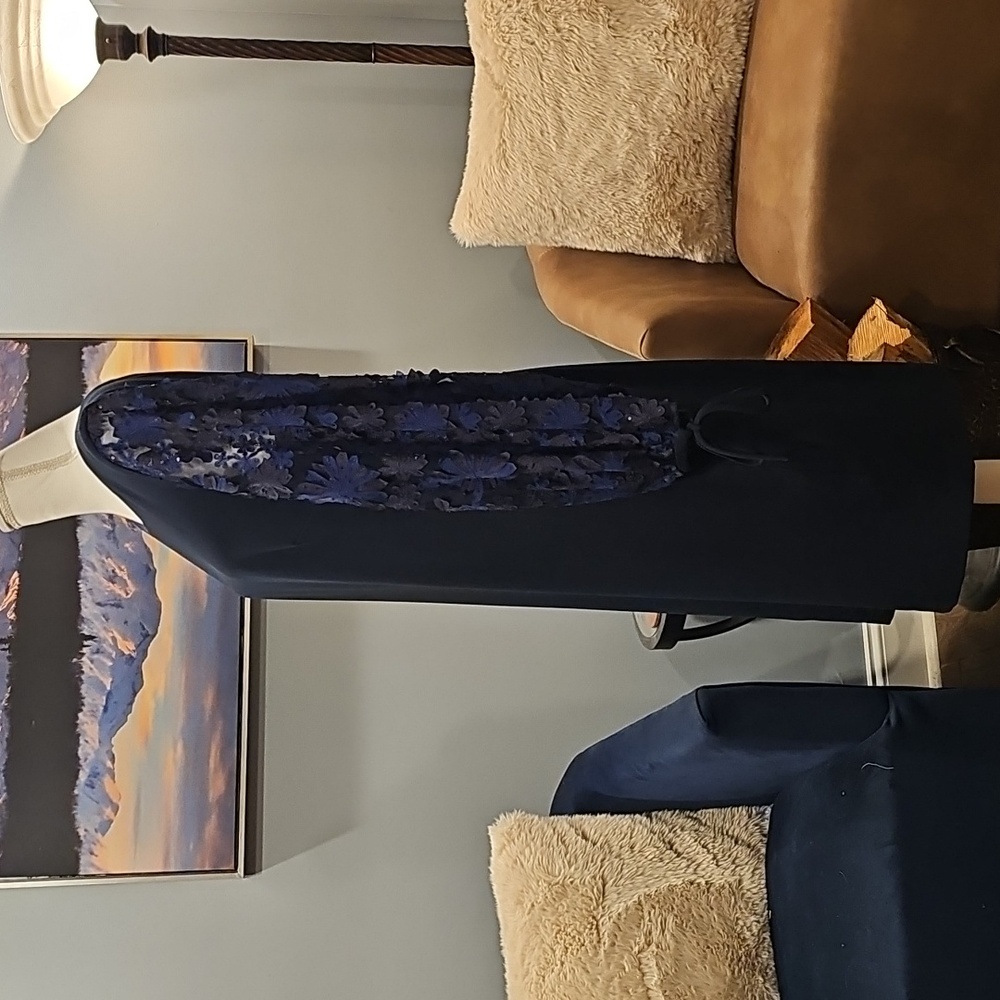 Badgley Mischka Boatneck Sheath Dress with Floral Puff Sleeves, Navy Blue Sz 14 - Picture 7 of 15